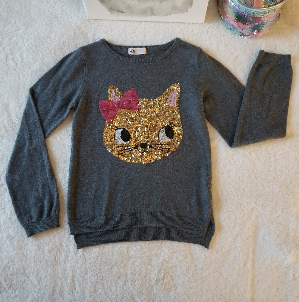 H&M Girls Sweater with Sequin Kitty Cat